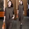 Conjunto feminino da moda para o outono de 2026: conjunto estiloso de duas peças, composto por colete sem mangas, blusa básica e calça pantalona, com efeito rejuvenescedor e emagrecedor