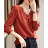 Top de Encaje Primavera y Otoño 2025 Nuevo Cuello en V Retro Elegante Elegante Camisa de Manga Larga Roja China para Mujer
