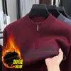 Suéter Cálido para Hombres de Mediana Edad y Mayores Invierno Patrón de Diamantes Cremallera Cuello Semi Alto Forro Polar Tejido de Lana para Papá