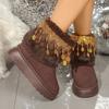 Botas Curtas de Salto Alto, Confortáveis e Versáteis com Solado Grosso para Mulheres 2025 Outono e Inverno Novas Botas de Neve de Nicho com Franjas e Pedrarias