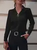 Camisa Feminina Simples Versátil Estilo Europeu e Americano Camisa de Comprimento Médio Para o Trabalho Cor Sólida Manga Longa Branco Preto