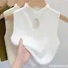 Top sin mangas Principios de otoño Cuello medio alto Corto Calado Tejido Chaleco Vintage Nuevo 2023 Mujer Ajustado Color liso