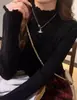 Top base layer estiloso com gola alta e costela para mulheres, outono e inverno, top de malha texturizada chique para usar por baixo