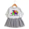 2023 estilo coreano primavera y otoño nuevo vestido de niña de dibujos animados de manga larga falda de malla falda de princesa occidental para bebé
