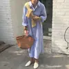 Vestido largo de estilo fresco a rayas con cuello, de un solo pecho, estilo camisa, transfronterizo para mujer