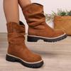 Botas de Couro Bordadas Retro de Cano Médio com Boca em V para Mulheres Outono e Inverno 2025 Nova Coleção Grande Tamanho Botas de Cavaleiro Marrons
