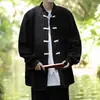 Nova camisa jacquard de gola estilo chinês, casaco masculino de manga comprida estilo nacional, outono, nova camisa solta com fivela na moda