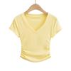 Camiseta de manga corta con cuello en V puro para mujer de YPFF, moderna, con pliegues, corte entallado, corte entallado, top Spice Girl corto con ombligo al descubierto