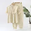 Pijama de hilo de algodón para mujer, primavera y verano, cuello redondo, manga corta, pantalones, verano, fino, doble capa, traje de casa