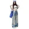 Jeans Casual Retro Novo de Verão Azul Claro de Perna Larga para Mulheres 2026 Calças Retas Soltas de Cintura Alta Emagrecedoras