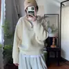 Suéter de Tricô Canelado com Gola Cruzada e Meio Zíper Feminino Outono Inverno Novo Estilo Solto Preguiçoso Simples Casual Tricô