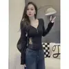 Camiseta de Manga Larga con Botones y Cuello en V, Estilo Coreano, Color Liso, Pura Pasión, Tallas Grandes para Mujer, Nueva, Primavera y Otoño, Corte Delgado, Favorecedora, Versátil, Top Único