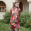 [Fondo rojo Tigre cebra] Pijama de manga larga de verano para mujer de seda de hielo fino holgado talla grande ropa de casa traje de dos piezas