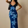 Vestido largo de verano francés transfronterizo con cuello en V y estampado de lirios, entallado a la cintura, sexy y elegante estilo INS para la noche