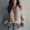 Top de tirantes con cuello halter, hombros descubiertos, textura de albaricoque claro, rayas verticales, fruncido en cuello en V y mangas acampanadas elásticas para mujer, Otoño 2026, Transfronterizo Europeo y Americano