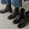 Botas ajustadas elásticas de tacón grueso retro negro para mujer, punta cuadrada, cremallera trasera, botas de moda marrones 2026, botines versátiles y elegantes
