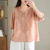 Camisa Feminina Manga Média Verão 2024 Fina Gola V Bordado Pesado Casual Versátil Fina Algodão e Linho de Alta Qualidade