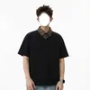 Gola de Camisa com Design Patchwork, Camisa Polo Falsa de Duas Peças de Manga Curta, Unissex, Estilo Retrô de Alta Qualidade, Caimento Solto, Camiseta Versátil