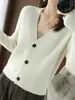 Cárdigan Coreano 2025 Otoño e Invierno Cuello en V Holgado Color Sólido Tejido Superior de Punto para Mujer Manga Corta Casual y Versátil