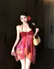 2026 Novo Maiô Estilo Férias Tie-Dye Decote Halter Alça Saia Longa Design Feminino Top Sexy Fenda Conjunto de Duas Peças