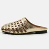 7006-9 Diadema Tejida Hueca Medias Zapatillas de Verano para Mujer Estilo Nuevo Zapatos Individuales Moda Slip-on Versátiles Zapatillas de Fondo Plano