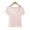 CL2451-24 Camiseta de verano de estilo coreano para niña, con costuras de encaje puro, sexy, de corte bajo, cuello redondo y manga corta
