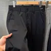 Pantalones de vestir casuales para hombre de seda de hielo elástica, nuevo estilo 2025, para jóvenes y mediana edad, pantalones rectos de negocios, pantalones largos finos de verano con bordado