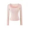 Camiseta Básica de Manga Larga para Mujer, Color Sólido, Elástica, Cuello en U Sexy, Bolsillo, Ajustada, Define la Cintura, para Otoño