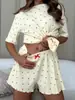 Moda Europea y Americana Traje Casual para Mujer Estampado de Hongos Holgado Elegante para Casa Cuello Redondo Manga Corta Pantalones Cortos Conjunto de Dos Piezas