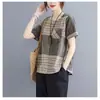 Camiseta Retro de Algodón y Lino de Manga Corta y Cuello Redondo para Mujer Verano 2025 Nuevo Estilo Camiseta a Cuadros Talla Grande Top a Cuadros para Mujer