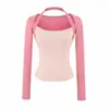 Suave camiseta rosa melocotón de cuello halter y manga larga para mujer, nuevo top coreano chic ajustado para otoño 2026, atuendo dulce