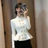 Suéter de Tricô de Alta Qualidade com Gola Alta, Mangas Longas e Abotoamento Duplo para Mulheres, Outono e Inverno 2025, Elegante Top Base Justo