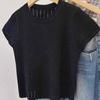Suéter de punto para mujer, de verano, de manga corta, nuevo, cuello redondo, corte, ligero, diseño de bajo corto, color liso, parte superior negra