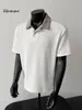 Top de tricô com gola polo de manga curta, estilo old money texturizado, estilo americano, versátil e de alta qualidade para o verão, para homens e mulheres
