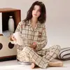 Pijama de algodón puro para mujer, manga larga, pantalón largo, cuello camisero, estilo cárdigan, cómodo, talla grande, estilo primavera y otoño, dulce y lindo, adecuado para usar como prenda exterior