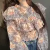 Camisa de manga longa com retalhos florais doces e babados, estilo francês de Hong Kong, para mulheres, moda primavera, blusa casual para o dia a dia