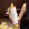 Taza aislada de dibujos animados para mujer, taza de acero inoxidable de alta estética con pajilla, taza portátil para preparar té, taza linda para estudiantes y niños