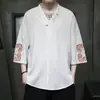 Camiseta Masculina de Verão Linho Estilo Chinês Bordada Manga Curta Cropped Tamanho Grande Solta Gola V Algodão Linho Manga Curta Masculino
