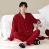 Pijama para hombre de gasa de algodón puro, manga larga y pantalón largo, rojo para el año zodiacal, festivo, conjunto simple y casual para estar en casa para recién casados