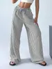 Calça Larga Listrada Color Block Europeia e Americana Transfronteiriça para Mulheres 2026, Nova Calça Longa Casual Solta de Cintura Alta Emagrecedora para Primavera e Outono