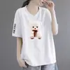 Comércio Exterior Transfronteiriço Roupas de Verão para Mães Estampadas Decote V Solto Tamanho Grande Casual Elegante Camiseta Feminina para Mulheres de Meia-Idade