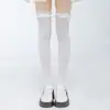 Meias de renda de cor clara com laço, acima do joelho, para mulheres, meias JK finas de verão, meias brancas Lolita, meias brancas leitosas até a coxa