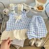 Traje de falda a cuadros para niñas de verano Tipo delgado Ropa para niños Estilo Princesa Niña Pequeña Falda de línea A Falda oblicua