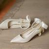 2025 Primavera Novo Laço Contas Salto Alto Salto Grosso Sapatos de Moda Rasos com Saias Sapatos Femininos