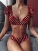 Traje de baño de dos piezas para mujer de Comercio Exterior Europeo y Americano de AliExpress, Sexy con Mangas Burbuja, Lunares, Cuello en V, Bikini 9603