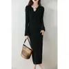 Outono e inverno novo vestido de lã pura com gola meio aberta manga trompete slim-fit quadril saia de base de malha vestido de suéter de comprimento médio