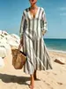 Vestido Bohemio de Vacaciones con Rayas Verticales, Espalda Descubierta, Cuello en V y Mangas de Farol, Estilo Francés, Transfronterizo Europeo y Americano, 2026