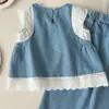 Conjunto de Dos Piezas para Niñas Nuevo Estilo Verano 2026: Top sin Mangas de Mezclilla con Encaje + Pantalones de Mezclilla de Nueve Puntos