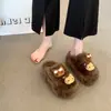 Produz seus Próprios Sapatos de Plataforma à Prova d'Água com Biqueira Aberta em Pelúcia Artificial Marrom Bege Preto Couro Encerado Lã