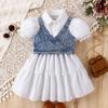 Baoxin Crianças Wear Estilo Coreano Meninas Verão Novo Bonito Princesa Vestido Denim Sling Puff Manga Vestido
